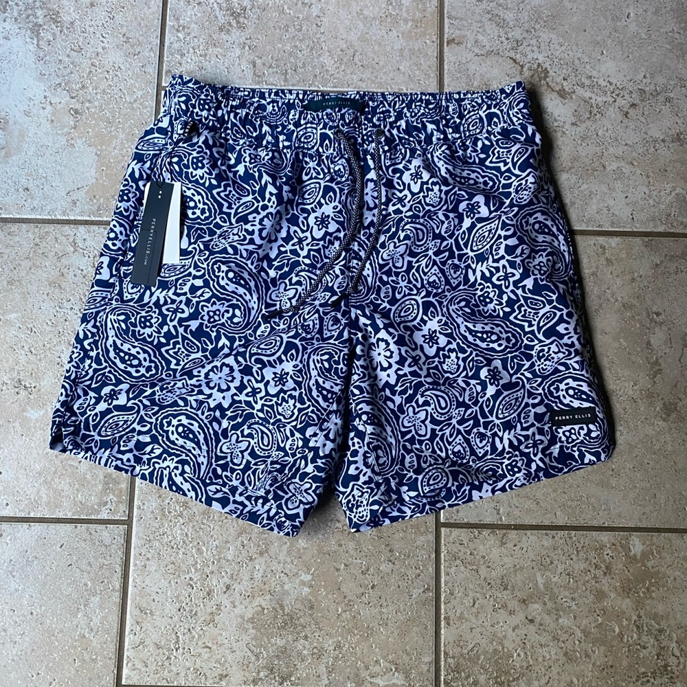 Perry Ellis Blue Paisley Swim Trunks, Size Medium, NWT
